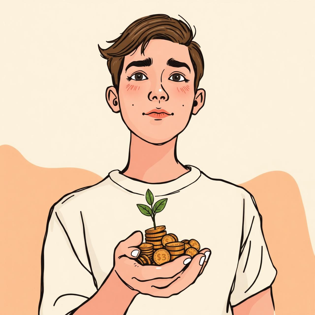 A young person holding coins with a small plant growing — symbolizing financial growth